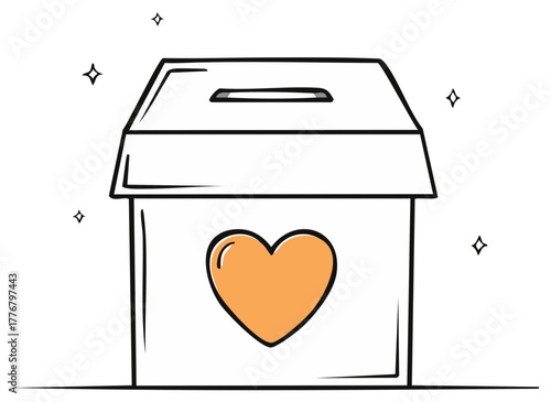 Donation box with heart symbol icon doodle style