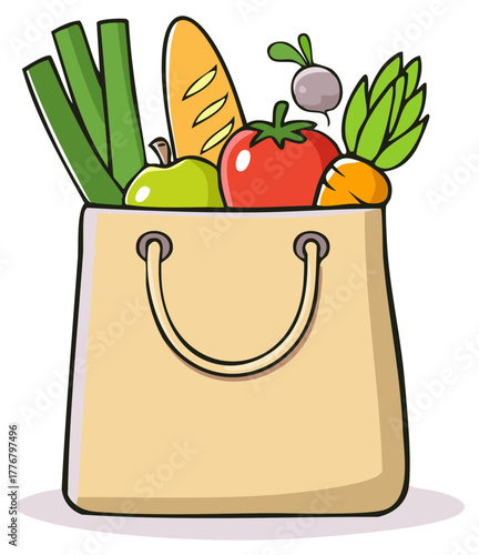 Cartoon shopping bag overflowing with fresh produce and bread for healthy groceries