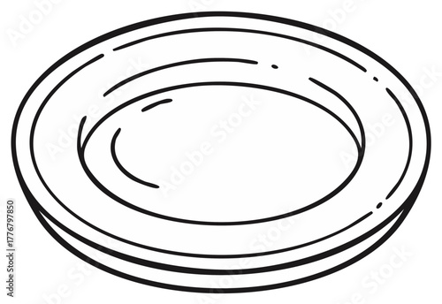 Hand drawn outline of a simple plate in perspective view on a white background