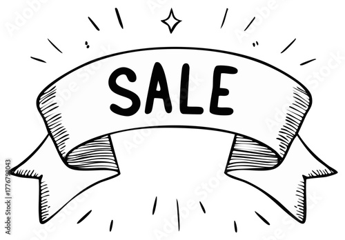 Hand Drawn Sale Banner Illustration, Holiday Shopping Promotion with Ribbon