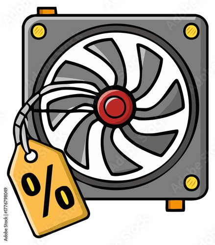 Cartoon computer cooling fan with a yellow discount percentage tag promoting tech sales