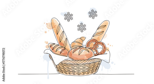 Doodle Assortment of Bread and Baguettes in a Basket with Snowflakes, cozy winter and Christmas concept, perfect for bakery logo, food packaging label, and festive cooking design element — One Line Ar