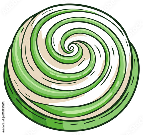 A round green and white swirl hard candy with a hypnotic spiral pattern in a fun cartoon style illustration