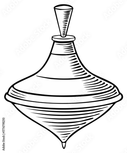 Classic spinning top toy in a black and white line art illustration