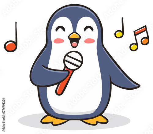 Cute cartoon penguin singing into a microphone with musical notes floating around