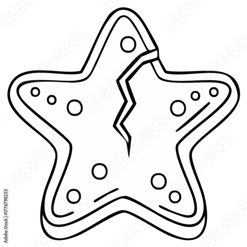 Star shaped cookie with a crack outlined in black and white cartoonish sweet treat