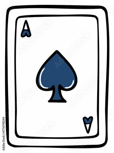 Ace of Spades Playing Card with Hand Drawn Style Outline and Spade Symbol in Blue