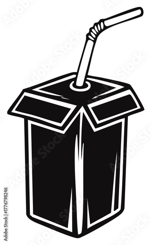 Black and white illustration of a juice box with a bent straw