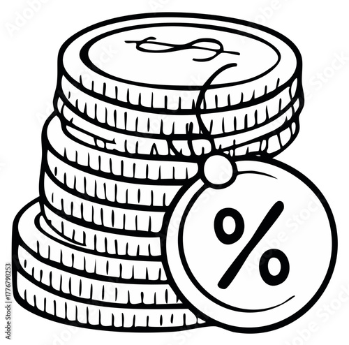 Hand drawn stack of coins with a percentage tag icon representing discounts sales interest rates and banking