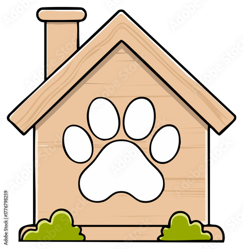 Dog house with paw print symbol and chimney on white