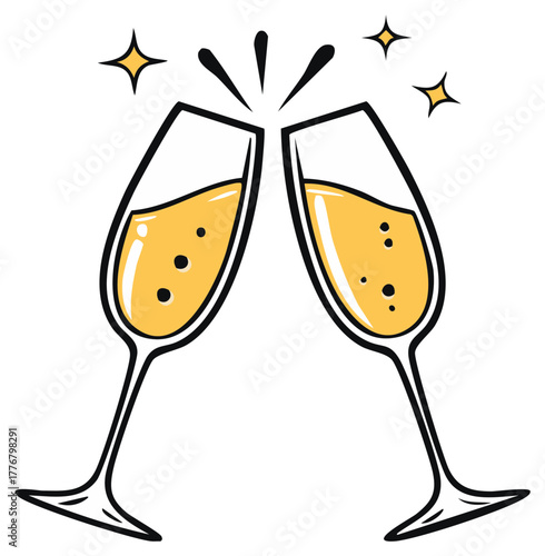 Two sparkling champagne flutes clinking together in a festive toast celebration vector illustration