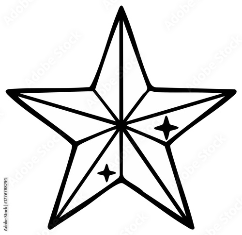 Five Pointed Star with Interior Lines and Smaller Star Details Hand Drawn Outline