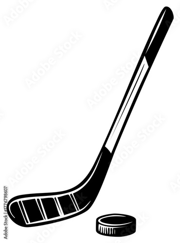 Black silhouette of a hockey stick and puck ready for play