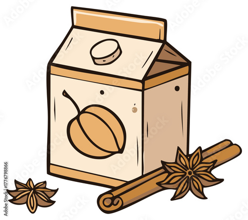 Hand drawn illustration of a carton of vegan almond milk with cinnamon sticks and star anise