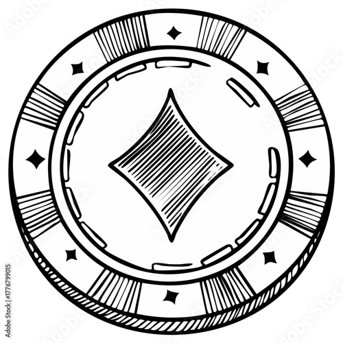 Hand-drawn black and white poker chip with diamond symbol sketch illustration