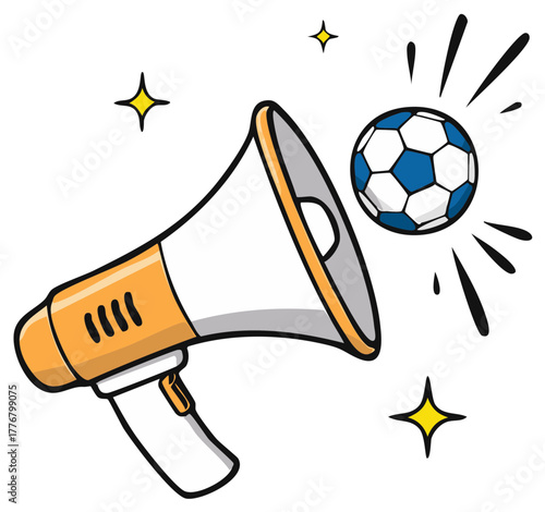 Megaphone announcing soccer ball with stars and sound waves, announcing game