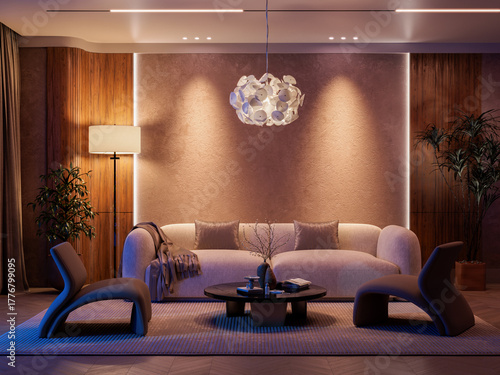 Dramatic Night Interior: High-Contrast Living Room with Warm Light