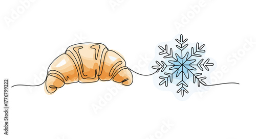 Doodle Croissant and Snowflake Winter Concept, suitable for bakery logo, holiday menu design, and winter print — One Line Art Minimalist Watercolor Vector on White Background
