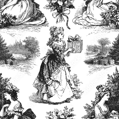 Traditional European Christmas scenes with pretty young ladies. Seamless vector pattern. Vintage engraving or ink drawing style vector illustration.
