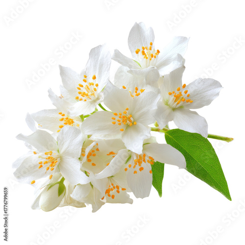 A cluster of pristine white jasmine flowers with bright orange stamens and a green leaf, elegantly presented against a solid transparent background. background removed