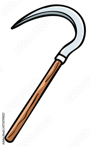 Cartoon sickle with wooden handle and metallic blade. Sharp harvesting tool.