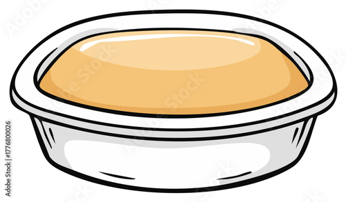 A cartoon illustration of a light brown pudding or custard in a white bowl