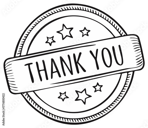 Hand-drawn "Thank You" stamp with stars and textured border