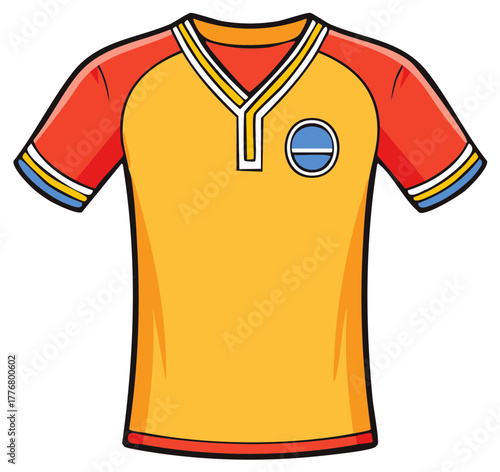 Orange and Red T-Shirt with Striped Accents and Circle Patch Design for Sports Team Apparel