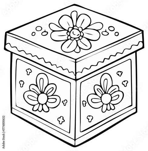 Line Art Box with Flowers Coloring Page Gift Box with Floral Pattern Illustration