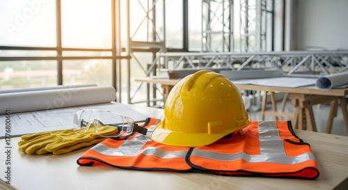 Safety gear and blueprints on a desk at an unfinished construction building site