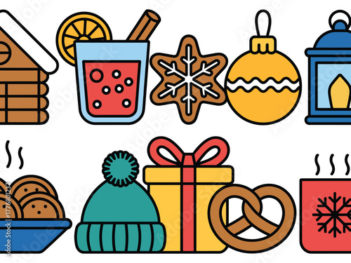A festive collection of winter holiday icons including a gingerbread cookie, mulled wine, and a gift.