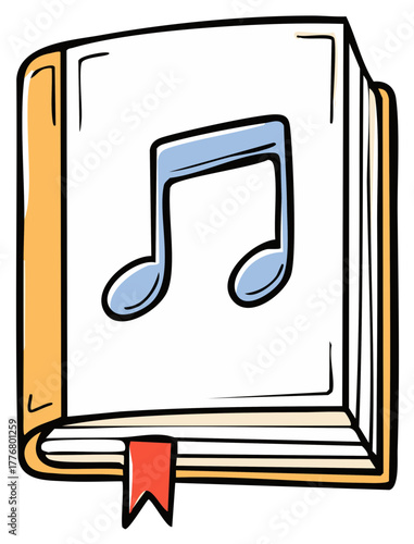 Cartoon illustration of a music book with a large eighth note symbol on the cover and a red bookmark