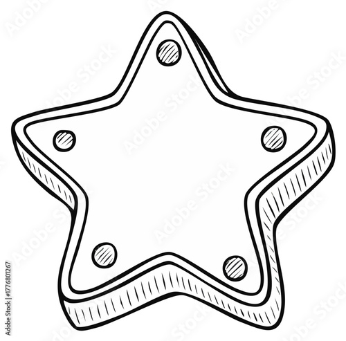 Hand-drawn black and white star shape illustration with decorative rivets and dimensional outline