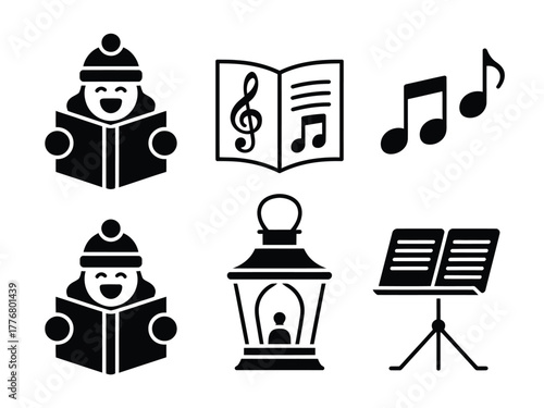 A collection of flat icons representing caroling, musical notes, and a lantern, symbolizing holiday music and warmth.