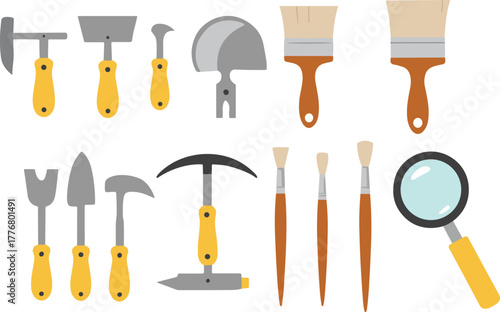Archaeology and art tool vector set, trowels, brushes, pickaxes, magnifier, chisels, paintbrushes, front view, flat illustration, white background