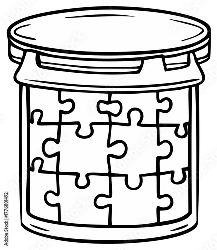 Outline illustration of puzzle pieces inside a jar with lid forming a complete whole for problem solving concepts