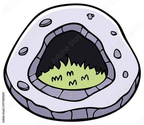 Cartoon Hole Entrance with Grass Interior and Brick Surround in Ground Perspective