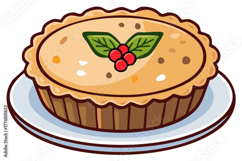 A whole Christmas mince pie with a festive holly garnish served on a plate, cute cartoon illustration.