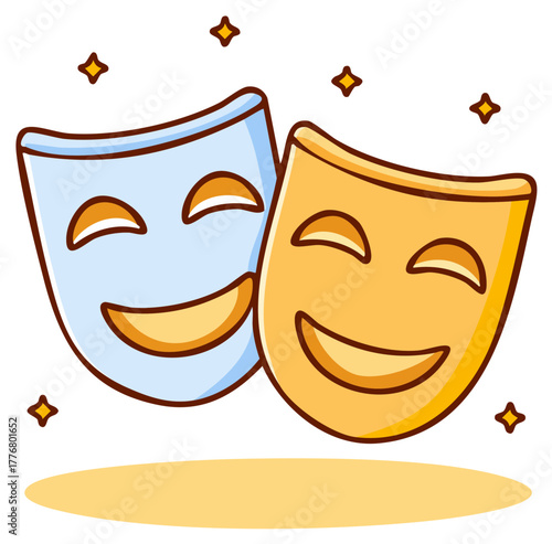 Cartoon happy smiling theatrical comedy masks with golden sparkles, entertainment and performance concept.