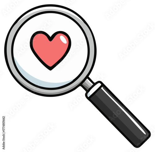 Love under the microscope symbol a heart enlarged with a magnifying glass. Romance, emotions, Valentines, feelings, searching, relationships, concept
