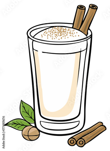 Festive Coquito Beverage, Cinnamon Sticks, and Nutmeg Spice; Traditional Holiday Drink