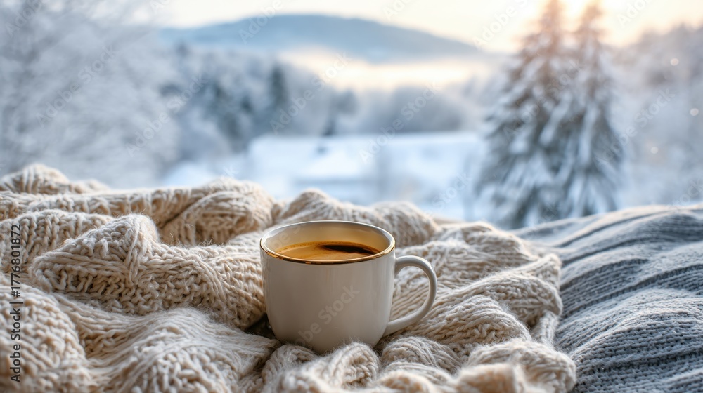 custom made wallpaper toronto digitalA white cup filled with tea rests on a soft knitted blanket with a snowy landscape outside.