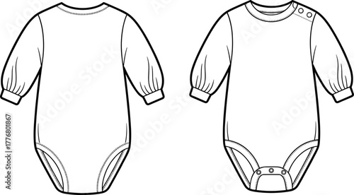 Baby onesie technical drawing, front and back view, long sleeve infant bodysuit, fashion flat sketch, garment design template, vector illustration