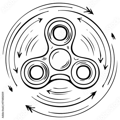 Black and white line art illustration of a spinning fidget spinner toy with motion arrows