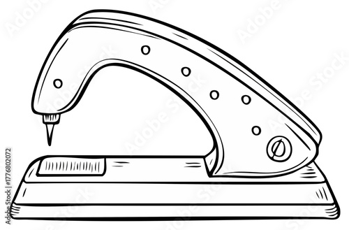 Illustration of a classic leather stitching tool, showing its details and form in a black outline style.