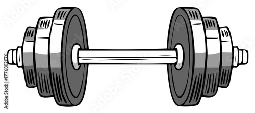 Hand drawn cartoon dumbbell illustration for gym and fitness workout. Black and white weightlifting equipment icon.
