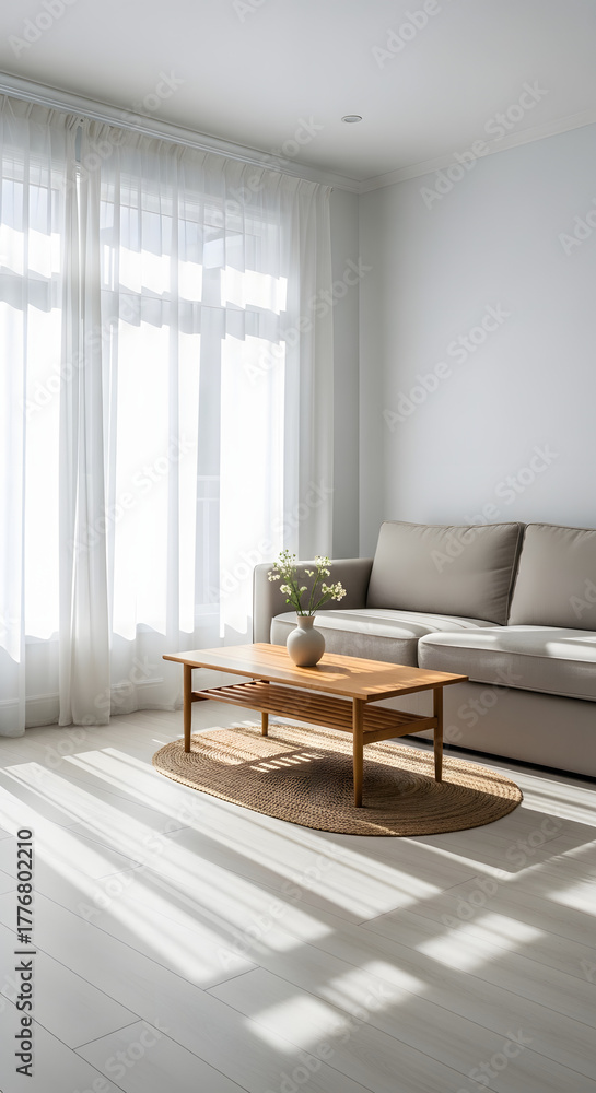 Fototapeta premium Bright modern living room with large windows and soft sunlight streaming in