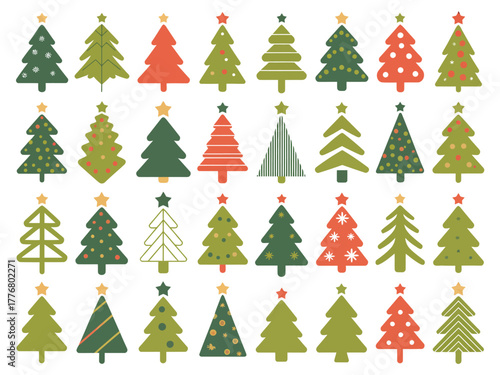 A collection of charming, stylized Christmas trees arranged in neat rows on a white background.