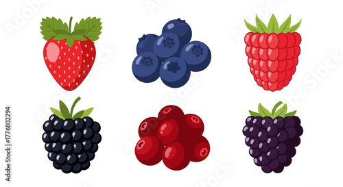 Colorful flat style berries collection featuring strawberries, blueberries, raspberries, blackberries, and cranberries