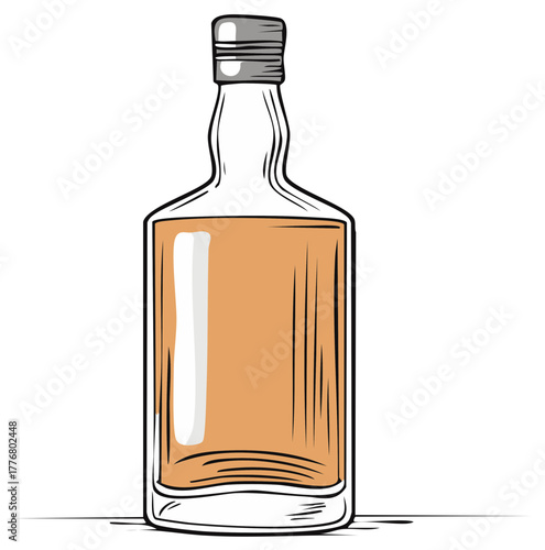 Illustration of a liquor bottle with a silver cap and a brown label in a drawing style.